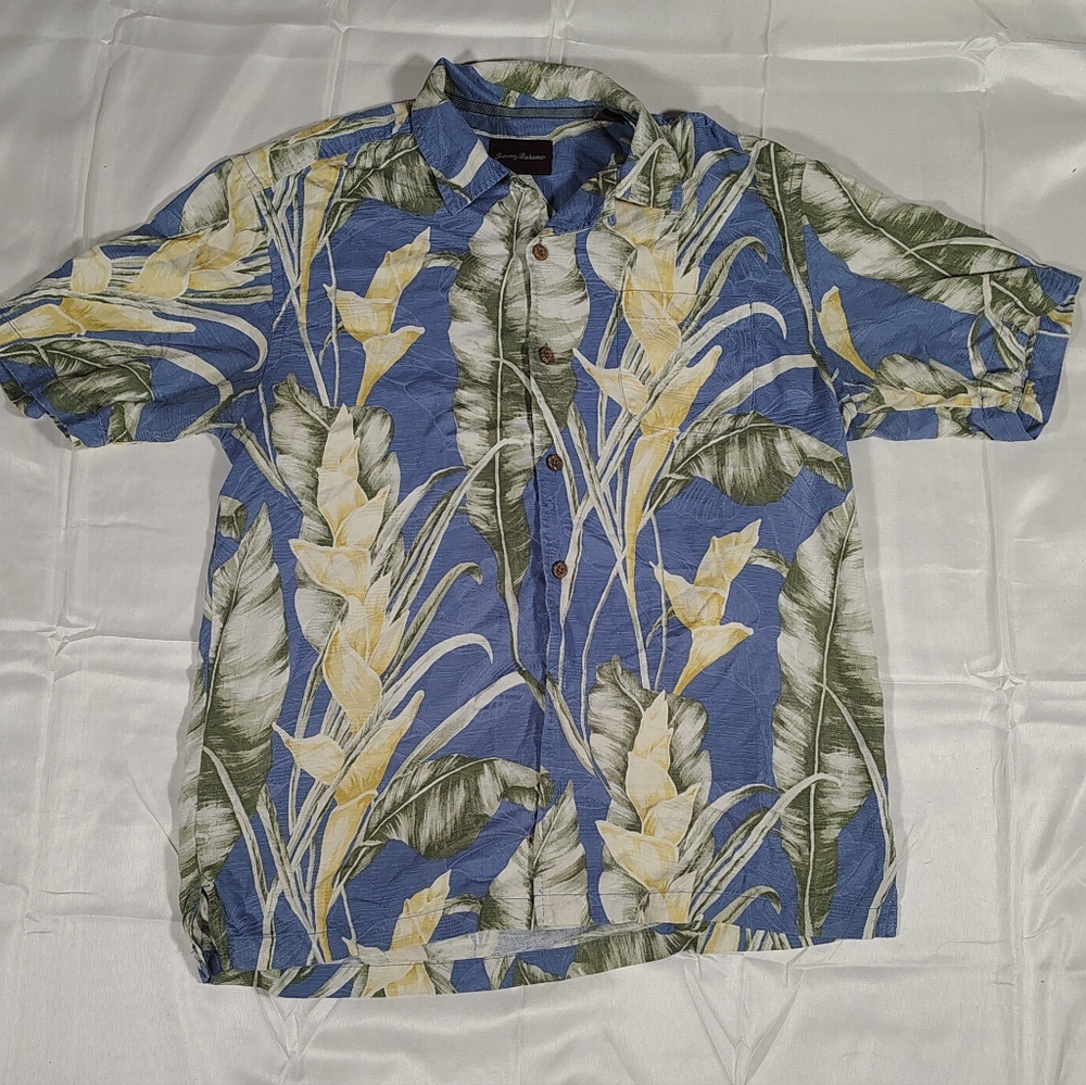 Tommy Bahama 100% Silk Shirt Small Black Floral Tropical Vacation Hawaiian Palms